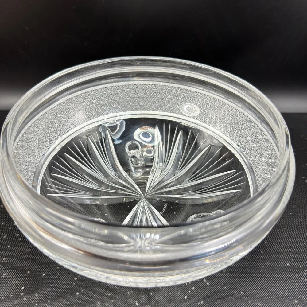 Signed Heavy Clear Crystal‎ Footed Bowl Etched Starburst Pattern Vintage Decor